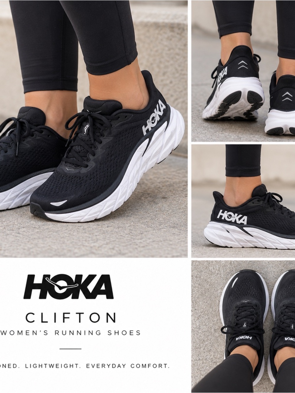 Hoka Clifton women's sz 9‎ Running Shoes Black White Road Trainers 1119393